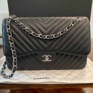 Chanel Classic Double Flap Jumbo Chevron Bag in Black Calfskin from 2022